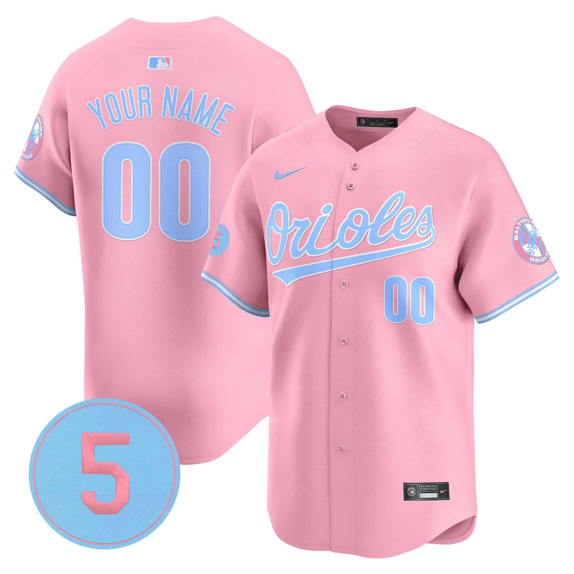 Men Baltimore Orioles Pink 2024 Nike Bubblegum Robinson Patch Vapor Premier Limited Custom MLB Jersey->->